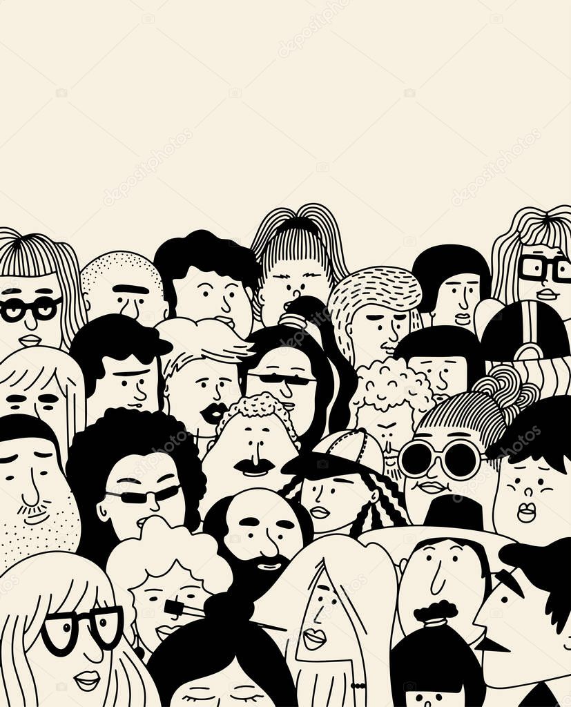 Faces of people - hand drawn doodle set. Black and white vector illustration of people. Collection of different people. Young, middle age, senior adult women's men's children's pattern background.