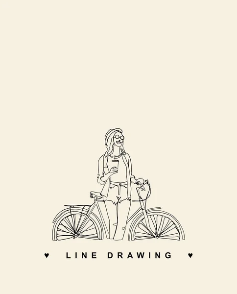 骑自行车的女孩运动女人 年轻的女孩喝着咖啡线条画 骑自行车的女人矢量线绘图 — 图库矢量图片