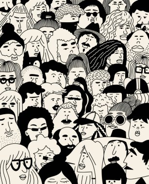Kalabalık. Yüzler koleksiyonu. İnsanlar vektör kolajıyla karşı karşıya. Taslak insanlar. Yüz avatarları. Erkekler ve kadınlar. Çeşitli saç kesimleri. Çizgi film tarzı, basit düz tasarım. Moda illüstrasyon. İnsanların farklı yüzleri.