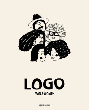 Erkek ve kadın grubu. Kızların farklı yüzleri. İnsanların başları logosu.