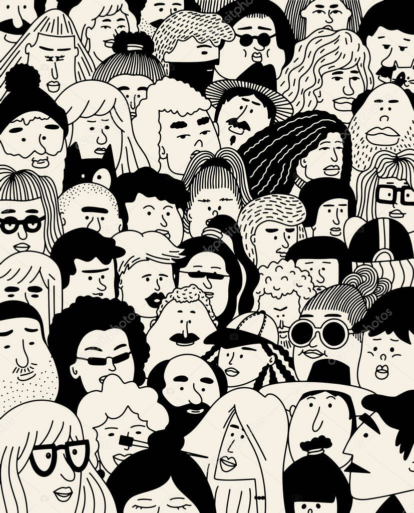 Crowd. Faces collection. People faces vector collage. Outline people. Face avatars. Men and women. Various haircuts. Cartoon style, simple flat design. Trendy illustration. Different faces of people