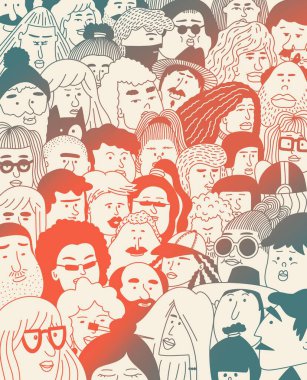 İnsanların farklı yüzleri var. Çeşitli insanlar karalama yapar. Yaşlılık ve gençlik. Mutlu duygular. Yüzünde olumlu bir ifade olan bir portre. Kalabalıktan göze çarpan biri. El çizimi karalama. İniş sayfası.