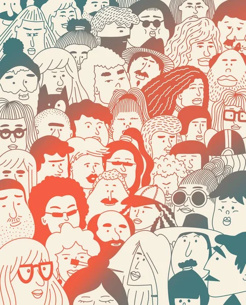 Diversified face of people. Various people doodle. Old and young age. Happy emotions. Portrait with a positive facial expression. Standout person from the crowd. Hand drawn doodle sketch. Landing page.