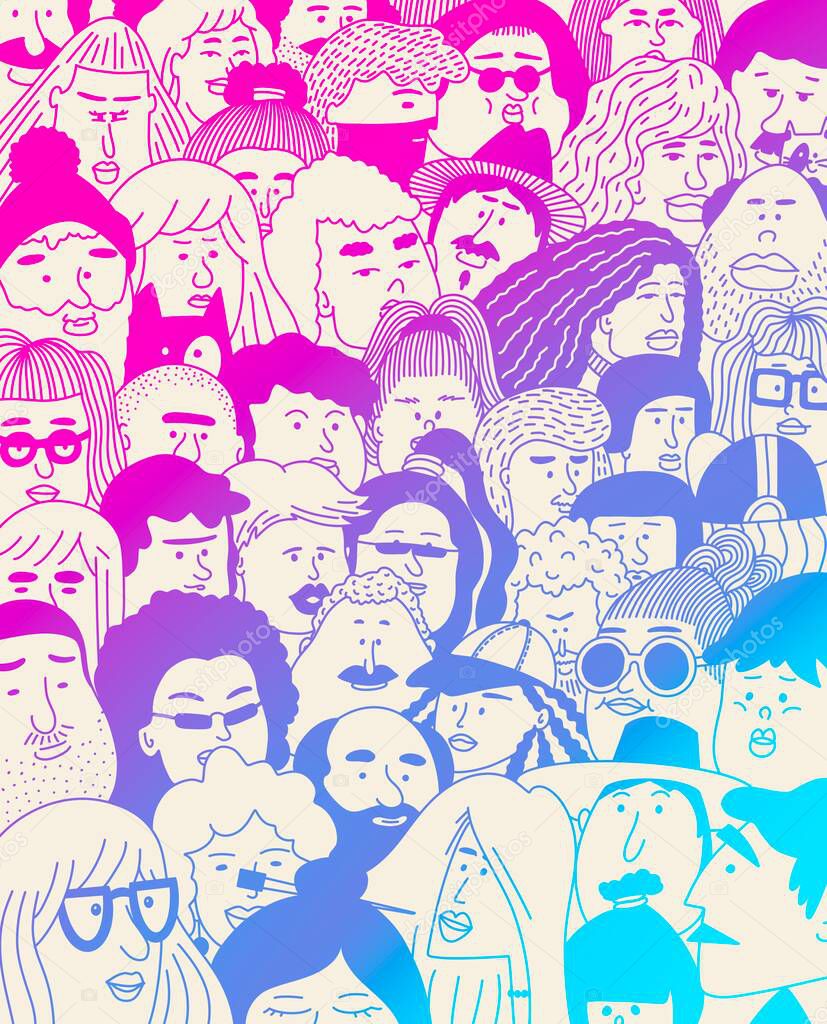 Hand-drawn faces. Women in a crowd of people. Persons of different nationalities. Page for website. Neon line drawing. Crowd of people.