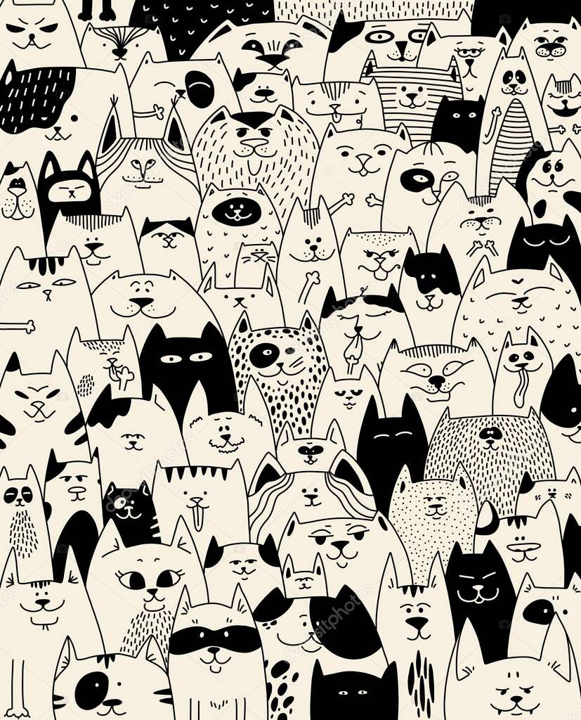 Full house of cats. Many different cats. The characters of the cats. Pets. Affectionate cat. Background for a pet store.