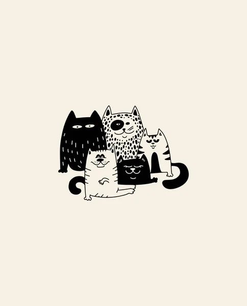 有趣的设计五个不同的猫 猫的打印 可爱的猫海报 适合做T恤衫 杯子或其他高档设计 病媒中的许多不同的猫 — 图库矢量图片