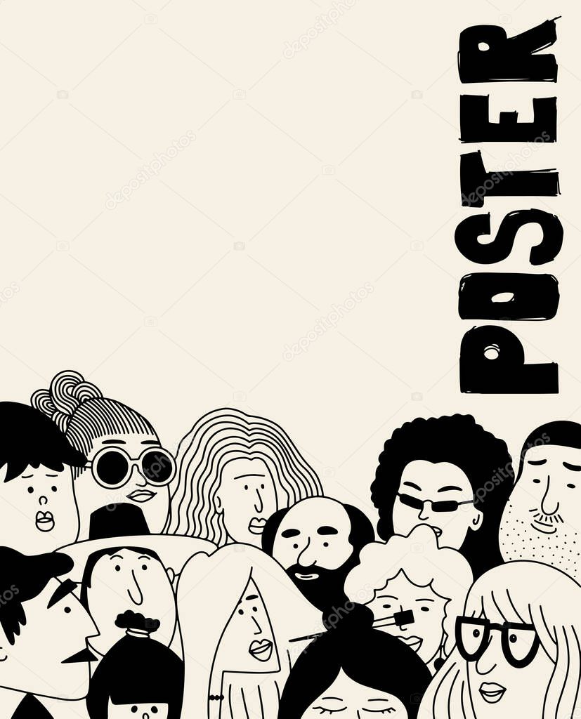 Vector poster with faces. Crowd of people. Faces collection. People faces vector collage. Outline people. Face avatars. Men and women. Various haircuts. Abstract poster.