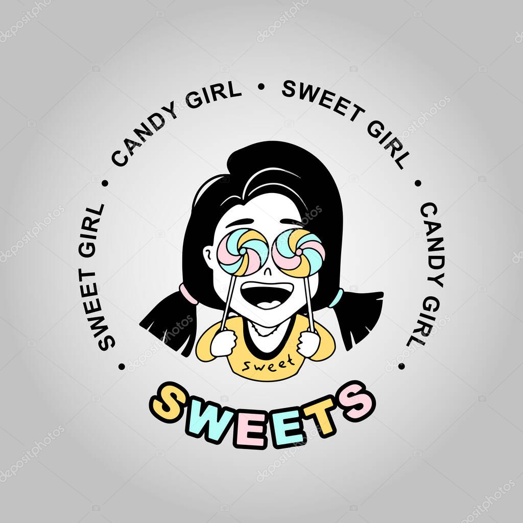 Sweets. Sweet girl. Little girl with sweets in her hands. Candy on a stick. Vector illustration. Girl with candy.