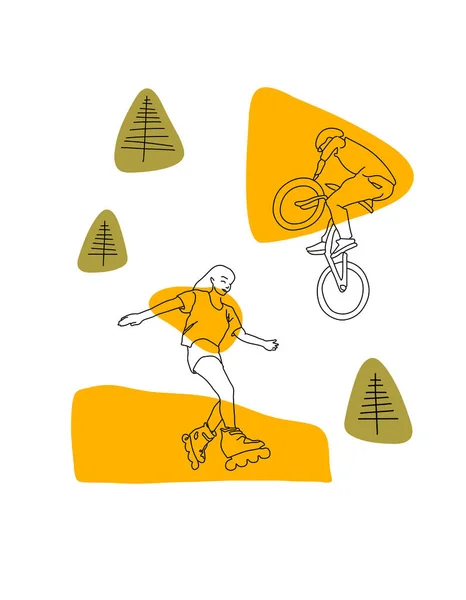 Conjunto Desenho Linear Jovem Ativa Patinação Ciclismo Estilo Vida Saudável —  Vetores de Stock