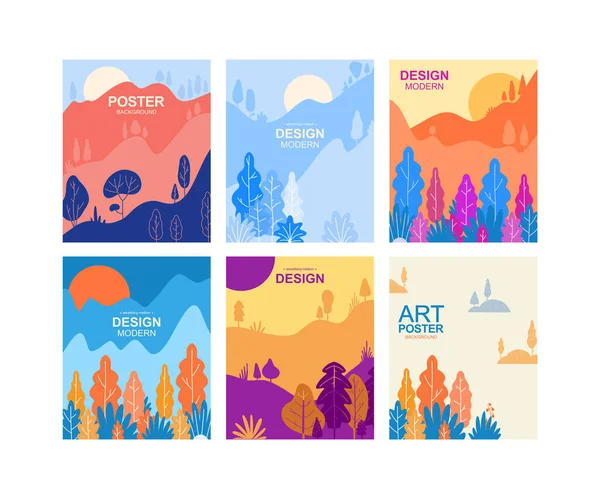 Banners Cuatro Estaciones Con Bosque Abstracto Montañas Ilustración Vectorial — Archivo Imágenes Vectoriales