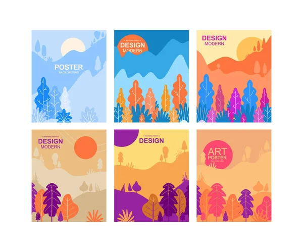 Four Seasons Banners Abstract Forest Mountains Vector Illustration Inglés Mismo — Archivo Imágenes Vectoriales