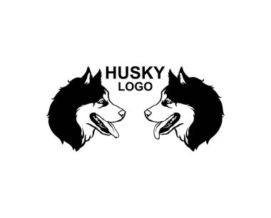 Husky logosu. Beyaz arka planda Sibirya köpeğinin taşıyıcısı. Husky logosu. Vektör köpek seti. Evcil hayvan