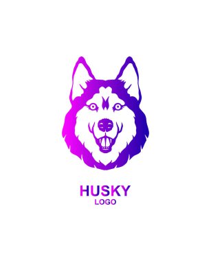 Husky logosu. Beyaz arka planda Sibirya köpeğinin taşıyıcısı. Husky neon logosu. Evcil hayvan