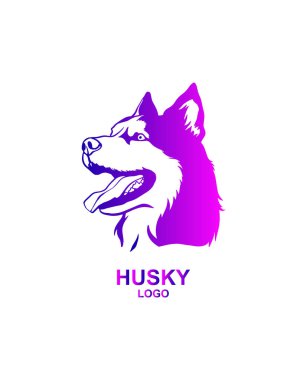 Husky logosu. Beyaz arka planda Sibirya köpeğinin taşıyıcısı. Husky neon logosu. Evcil hayvan. Köpek profili.
