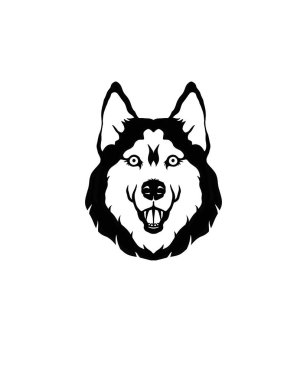 Büyük Danimarkalı köpek cinsinin soyut bir taslak çizimi. Ortasında siyah renkli, soluk arkaplan var. Siyah logo.