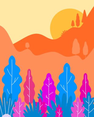 Ağaçlarla, dağlarla dolu sonbahar manzarası. Sonbahar arkaplanı. Kırsal alan.