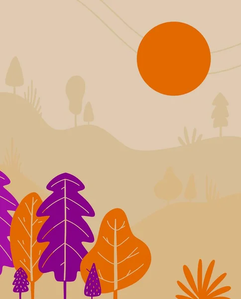 Фон с красочными осенними лесами и кустарниками на красном фоне. Бесконечная текстура с простыми элементами растений. Плоская иллюстрация осенней листвы. — стоковое фото