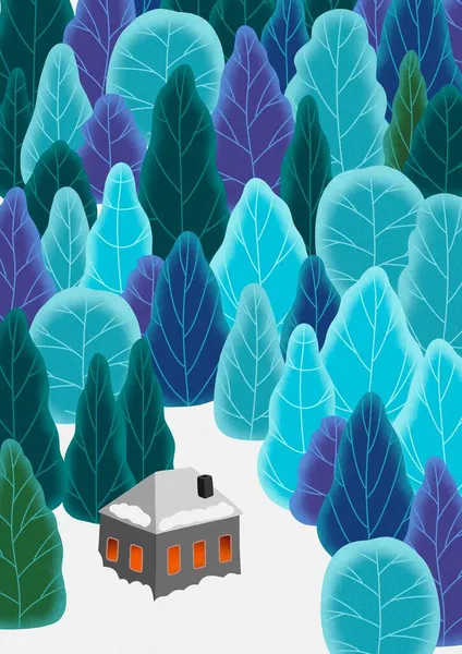 겨울 숲 속의 집 그림. 겨울용 벽지. 눈덮인 나무들. — 스톡 사진