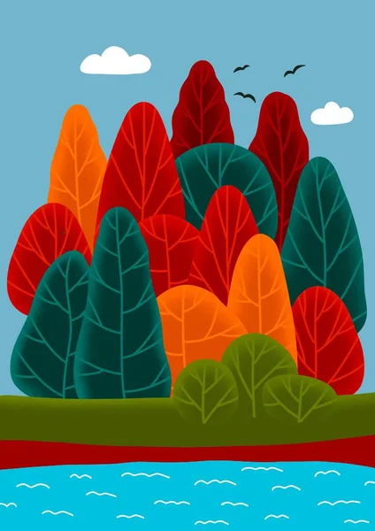 Sfondo con illustrazione forestale. Un sacco di alberi rossi sullo sfondo. Magica foresta arancione autunno. — Foto Stock