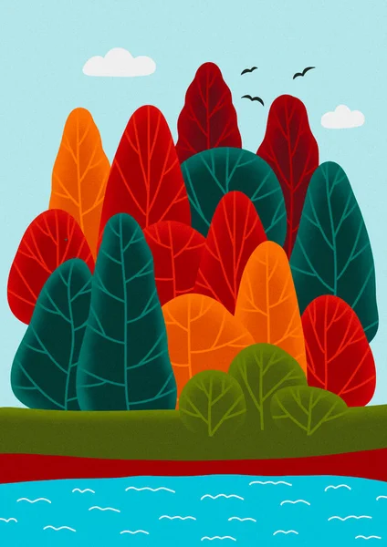 배경에 숲의 삽화가 있습니다. 배경에 붉은 나무가 많아. 마법같은 오렌지색 가을 숲. — 스톡 사진