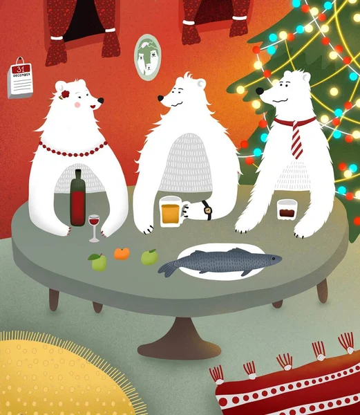 Novoroční natáčení. Nový rok s rodinou. Polární medvědi sedí u stolu. Piju víno. Pivo v hrnku. Whisky ve sklenici. Ryby v talíři. — Stock fotografie