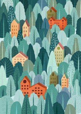 Orman illüstrasyonu. Bir sürü evi olan kış ormanı. Ağaçlı kartpostal. Mavi duvar kağıdı.
