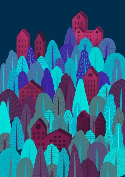 Un pequeño pueblo en el bosque. Otoño noche bosque ilustración. Muchos árboles y abetos diferentes. —  Fotos de Stock