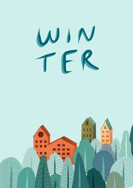 Affiche d'hiver avec forêt. Illustration nature. Forêt d'hiver avec de nombreuses maisons. Carte postale avec des arbres. Papier peint bleu. — Photo