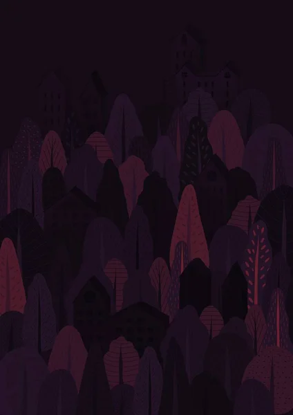 Foresta serale con case. Molti alberi diversi illustrazione. Manifesto di Capodanno. — Foto Stock
