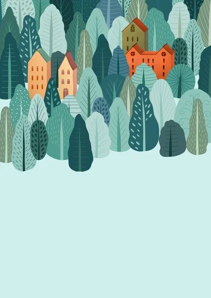 Piccolo villaggio nella foresta. Illustrazione foresta notte d'autunno. Molti alberi e abeti diversi. — Foto Stock