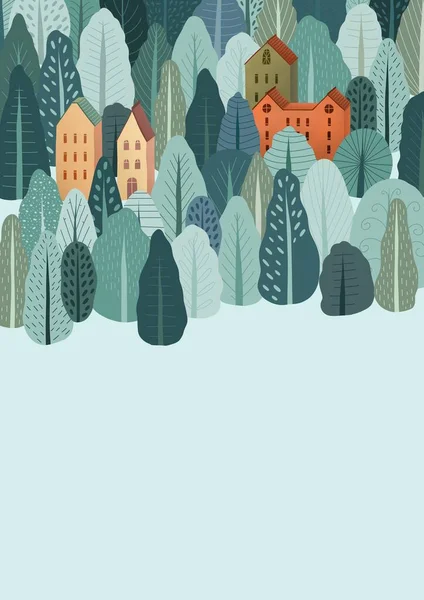 Small village in the forest. Autumn night forest illustration. Many different trees and fir-trees. — 图库照片