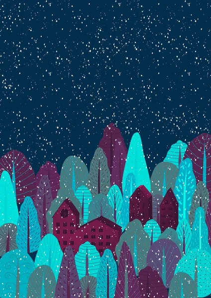 Noční les s domy. Mnoho různých stromů ilustrace. Nový rok plakát. — Stock fotografie