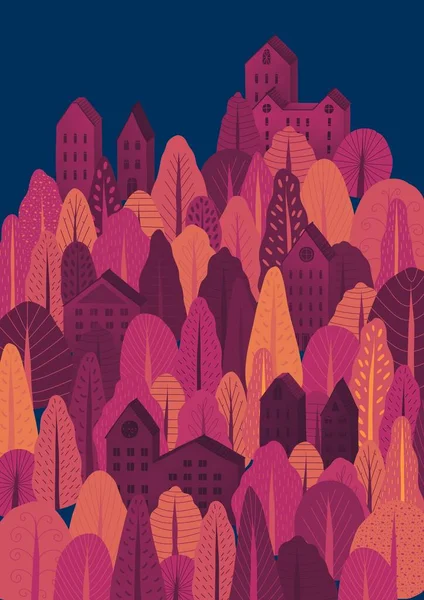 Höstens natur, by, land, stadslandskap. Orange illustration av naturlig, urban och rustik bakgrund för affisch, banner, kort, broschyr eller omslag. — Stockfoto