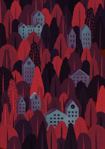 Autunno natura, villaggio, campagna, paesaggi urbani. Illustrazione arancione di sfondo naturale, urbano e rustico per poster, banner, card, brochure o copertina. — Foto Stock