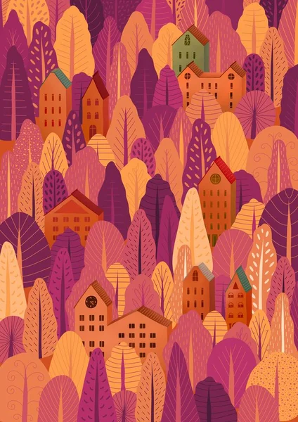 秋の森のイラスト。多くの異なる木やモミの木。森の中の小さな村. — ストック写真