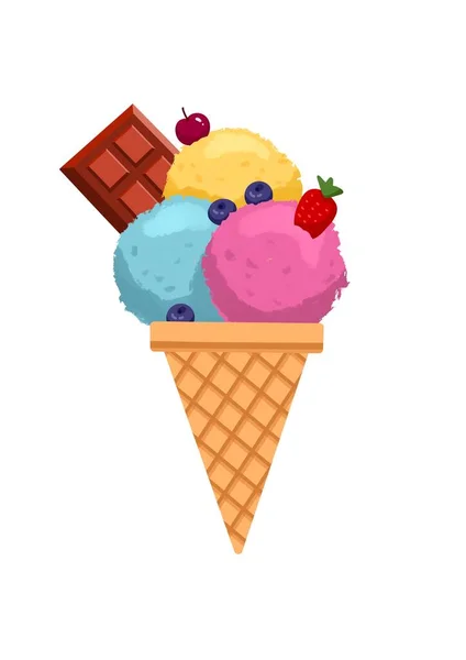 Ice cream balls in the waffle cone isolated on white background. Flat outline icon. Comic character in cartoon style illustration for t shirt design and gift cards. — Stock Photo, Image