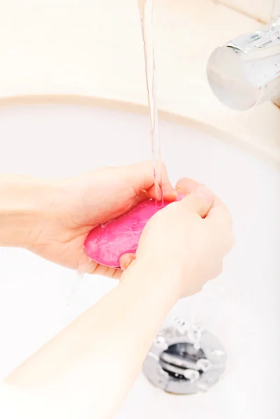 Hands covered with soap being washed in the sink — Stock Photo, Image