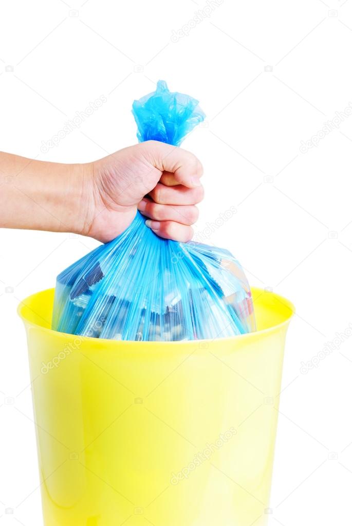 De Aislado Bolsa En Azul Mano Con Basura Blanco U8qd6wv