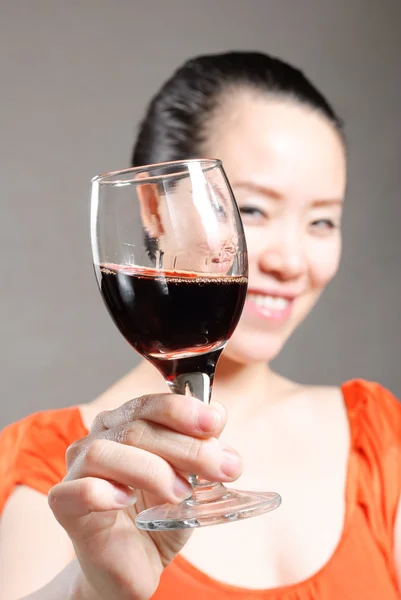 Beautiful woman with glass red wine — Stock Photo, Image
