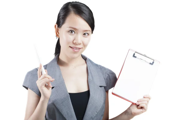 Beautiful business woman with a white banner. — Stock Photo, Image