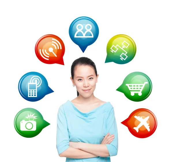 Young business woman working with innovative virtual interface — Stock Photo, Image