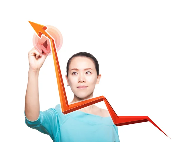 Business woman holding an rising arrow graph — Stock Photo, Image