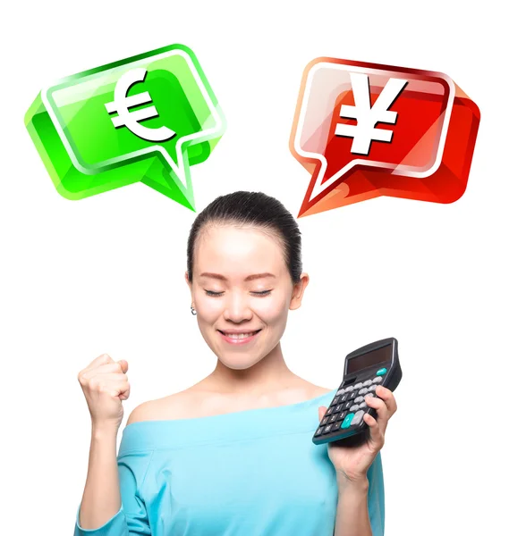 若いアジアの女性を取る電卓、財務記号 — ストック写真