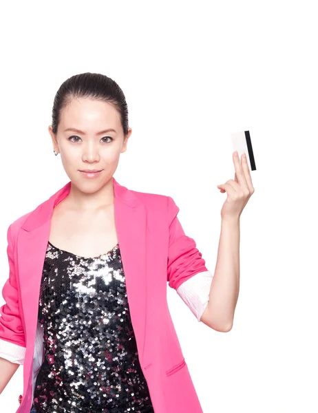 Bright picture of happy woman with credit card — Stock Photo, Image