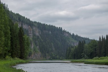 Ağaçlı kayaların arkasındaki yeşil ormanların arasındaki nehir.