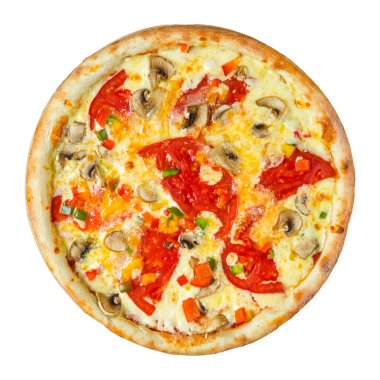 Mantarlı ve domatesli izole pizza.