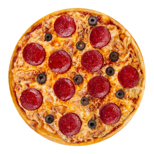 Salamlı ve zeytinli izole edilmiş biberli pizza.