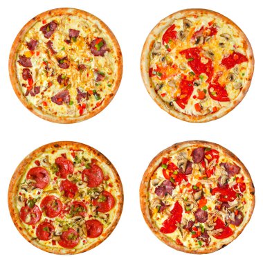Beyaz üzerine izole edilmiş farklı pizza kolajı