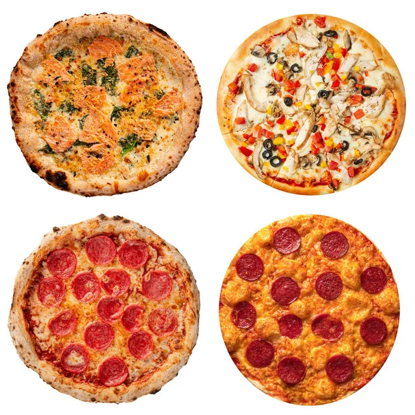 Set de diferentes pizzas calientes con deliciosos ingredientes —  Fotos de Stock