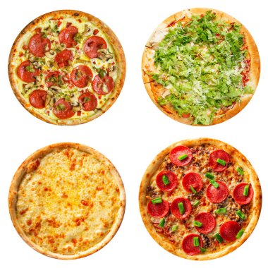 Beyaz üzerine izole edilmiş farklı pizza kolajı